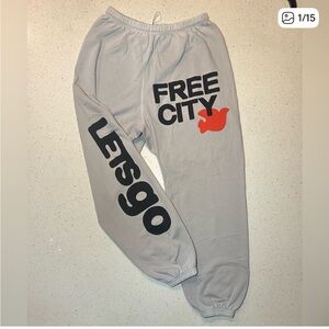 freecity White Graphic Sweatpants with Black Logo and Red Accent
